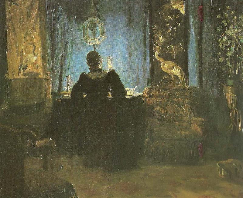 Anna Ancher den vest med bla gardinerre stuefru ancher ved skrivebordet oil painting picture
